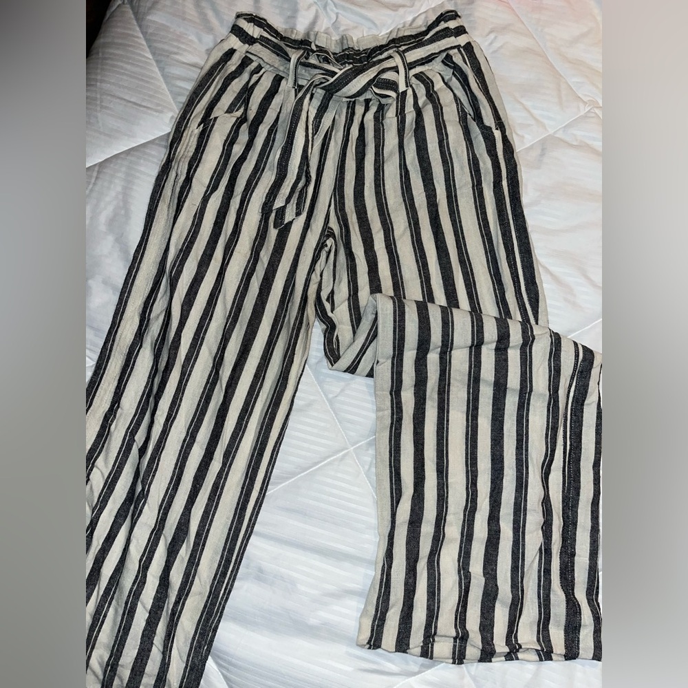Long black/grey & white striped pants